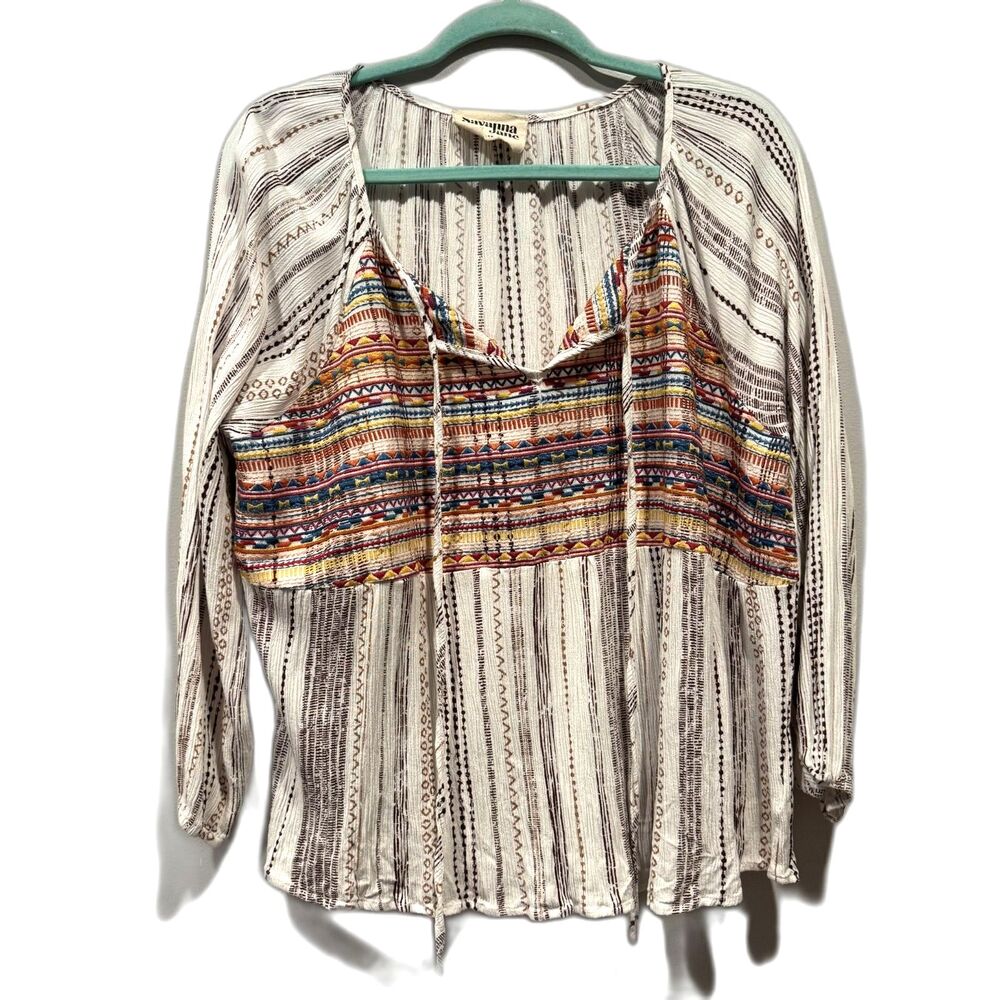 Savanna Jane Top Embroidered Boho Peasant Tribal Print Tie Neck Ivory Womens 1X